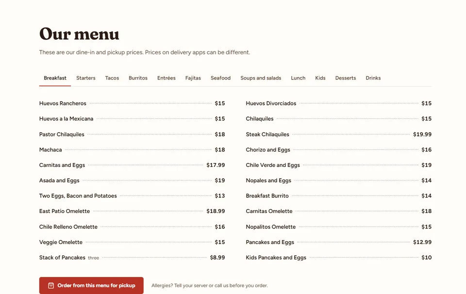 New site: the menu with prices, sorted into tabs.