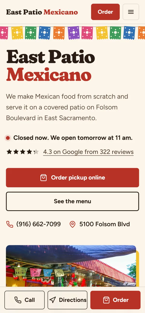 New site on a phone, with Call, Directions and Order buttons along the bottom.