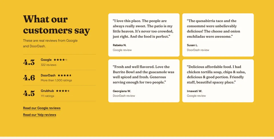 New site: Google, DoorDash and Grubhub ratings next to customer reviews.