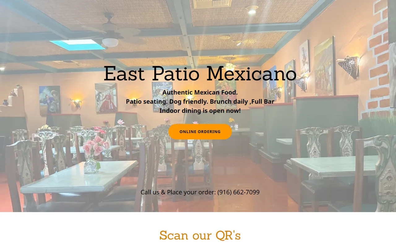 East Patio Mexicano's old website: a dim photo of the dining room with centered text and an orange online ordering button.